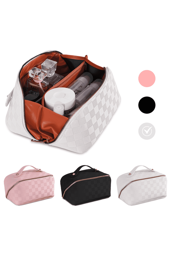 Travel Makeup Bag,Large Capacity Cosmetic Bags for Women,Waterproof Portable Pouch Open Flat Toiletry Bag Make up Organizer with Divider and Handle,White