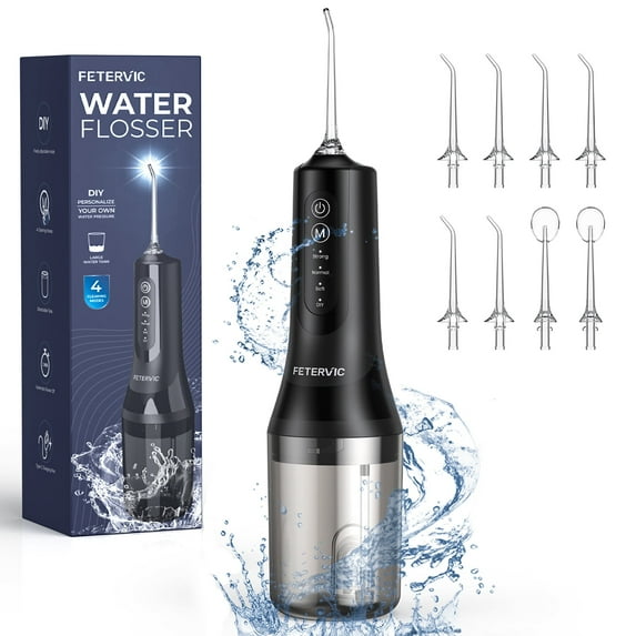 FETERVIC Water Dental Flosser for Teeth – Cordless Oral Irrigator, 8 Jet Tips, 4 Modes, 360° Nozzle, 260ML Rechargeable, IPX7 Waterproof for Home & Travel(Black)