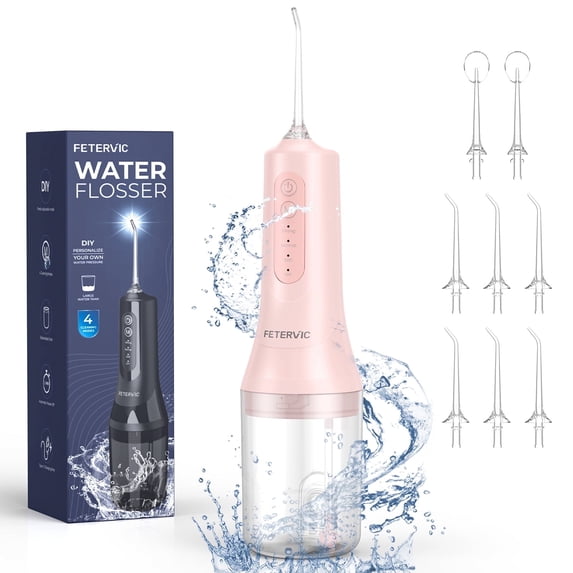 FETERVIC Water Dental Flosser for Teeth – Cordless Oral Irrigator, 8 Jet Tips, 4 Modes, 360° Nozzle, 260ML Rechargeable, IPX7 Waterproof for Home & Travel(Pink)