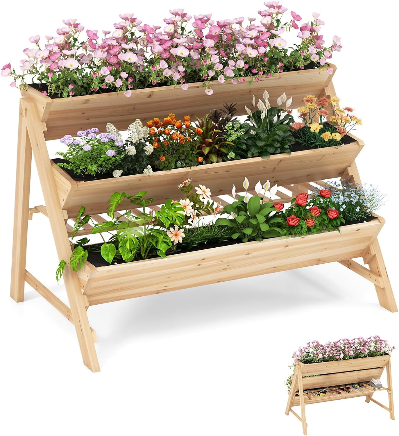 FETON 3Tier Raised Garden Bed, Wooden Vertical Planter Box with Storage Shelf, 2 Hanging Hooks