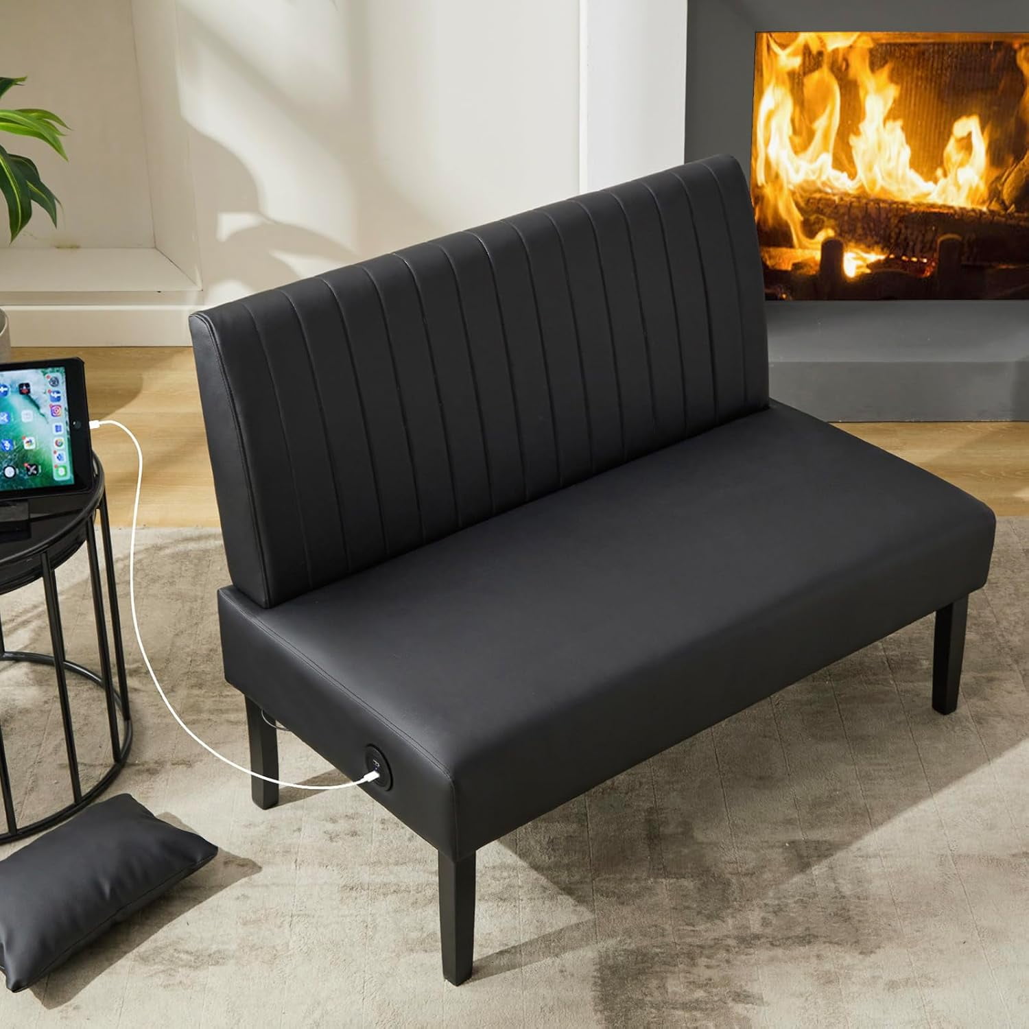 FETON 43" W Mini Small Black Leather Couch Armless Loveseat Sofa for