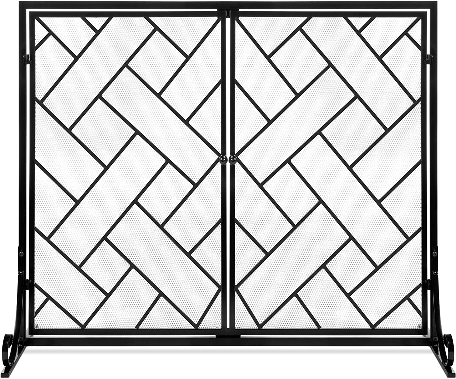Black Wrought Iron Geometric Fireplace Screen with Magnetic Doors