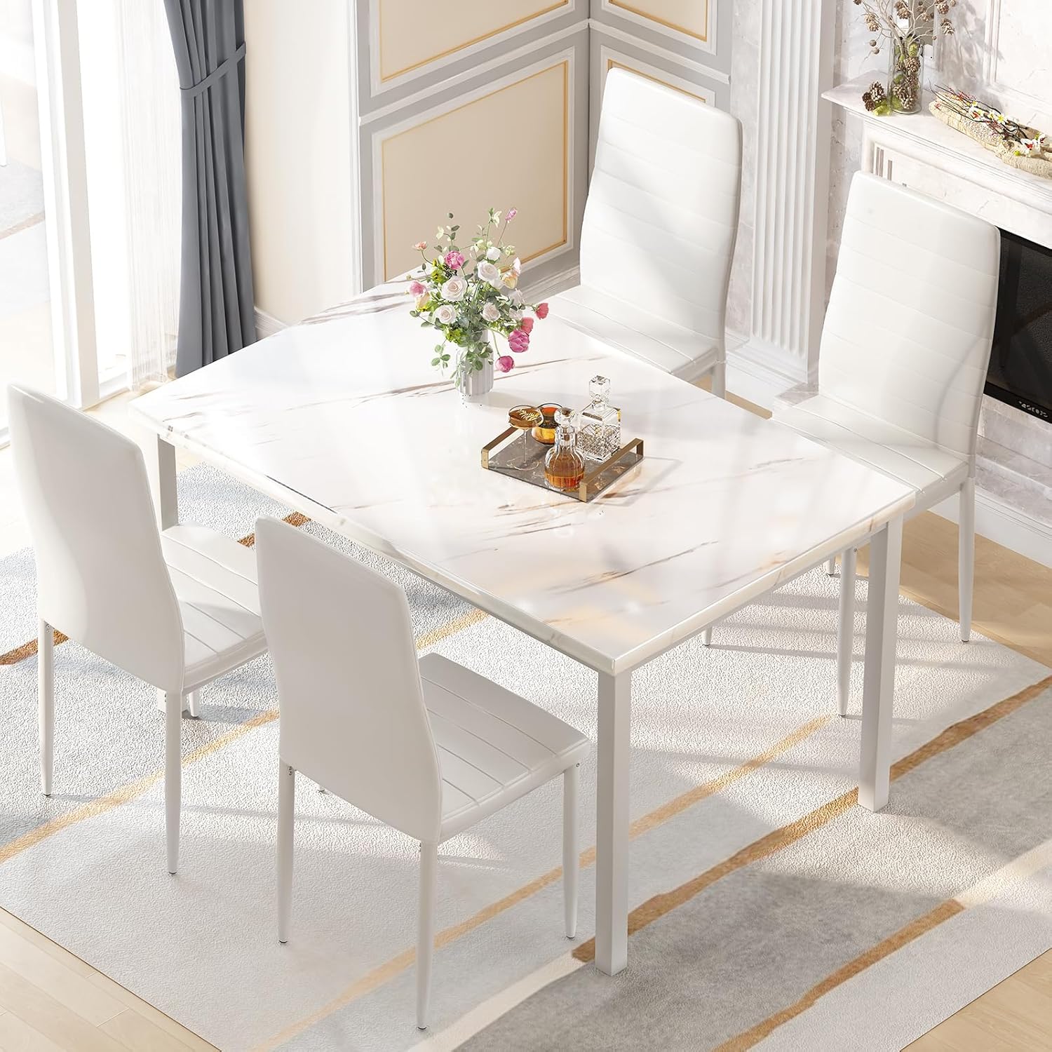 FETON 5 Piece Dining Table Set for 4, Faux Marble Kitchen Table with 4 ...