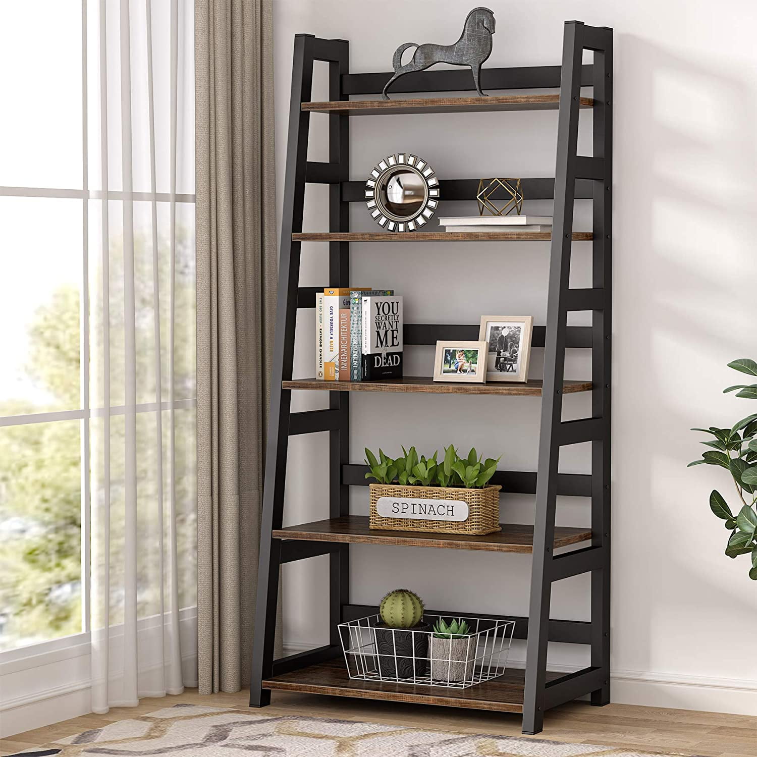 FETON 5Tier Bookshelf Industrial Bookcase, 5 Shelf Ladder Shelf Book
