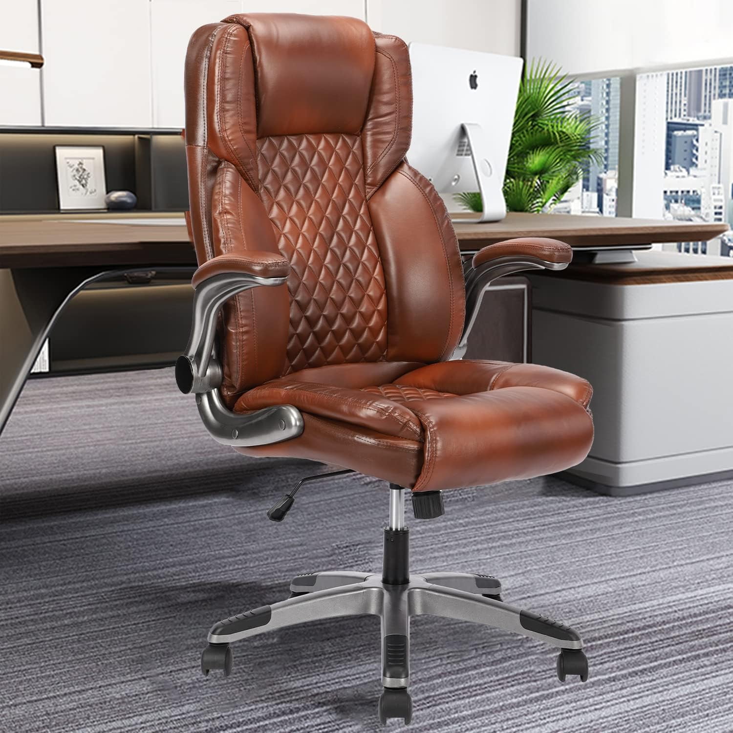 FETON Brown Leather Office Chair with Flip up Arms, Ergonomic Executive