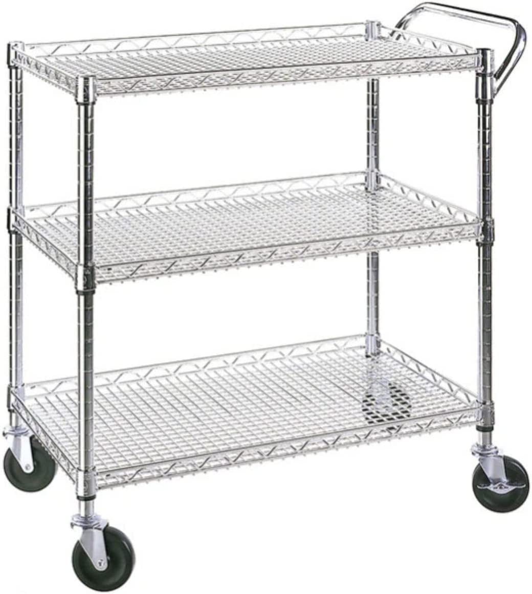 FETON Heavy Duty 3 Tier Rolling Utility Cart Kitchen Cart on Wheels Metal Serving Cart Commercial Grade with Wire Shelving and Handle Bar for Kitchen Office Hardware