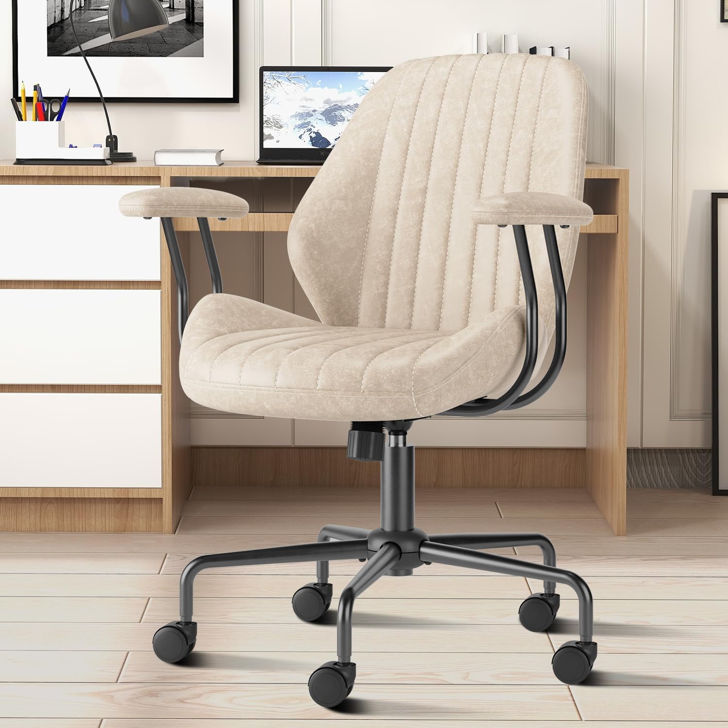 FETON Home Office Chair with Mid Back Support, Beige Leather Chair with ...