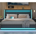 FETON King Size Bed Frame, LED Bed Frame with Upholstered Headboard