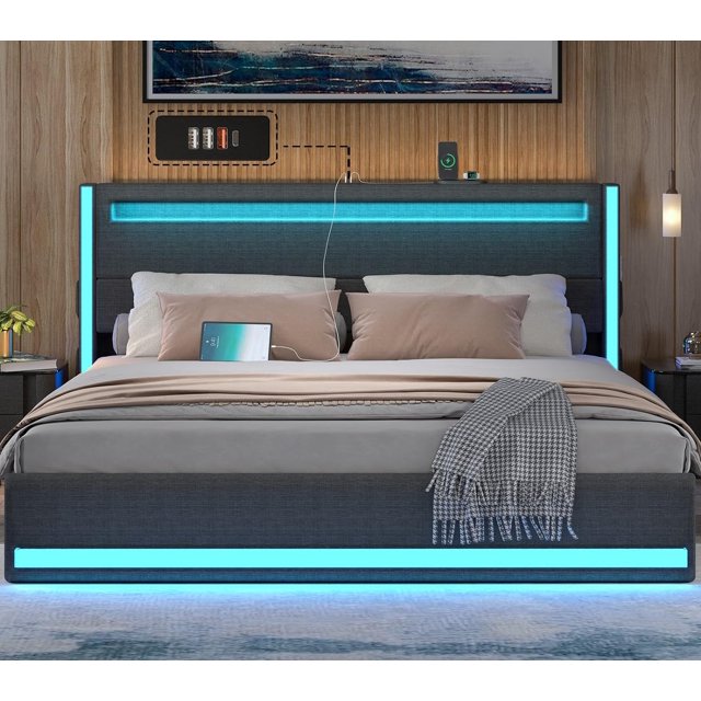 FETON King Size Bed Frame, LED Bed Frame with Upholstered Headboard