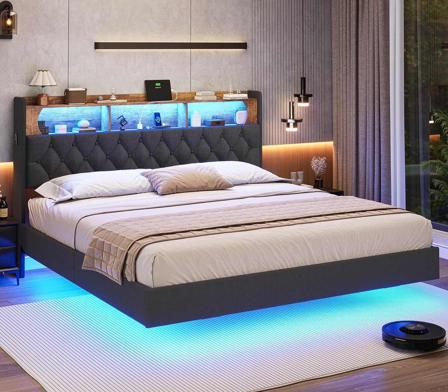 FETON King Size Floating Bed Frame with RGB LED Lights Headboard