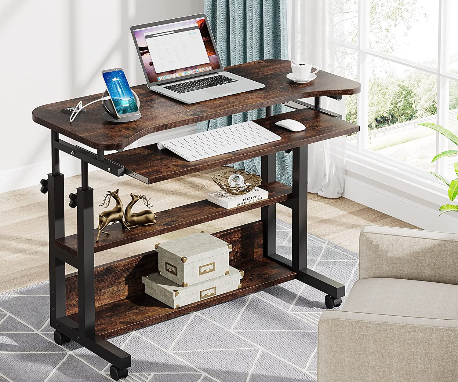 FETON Portable Desk with Power Outlets, Height Adjustable Side Table