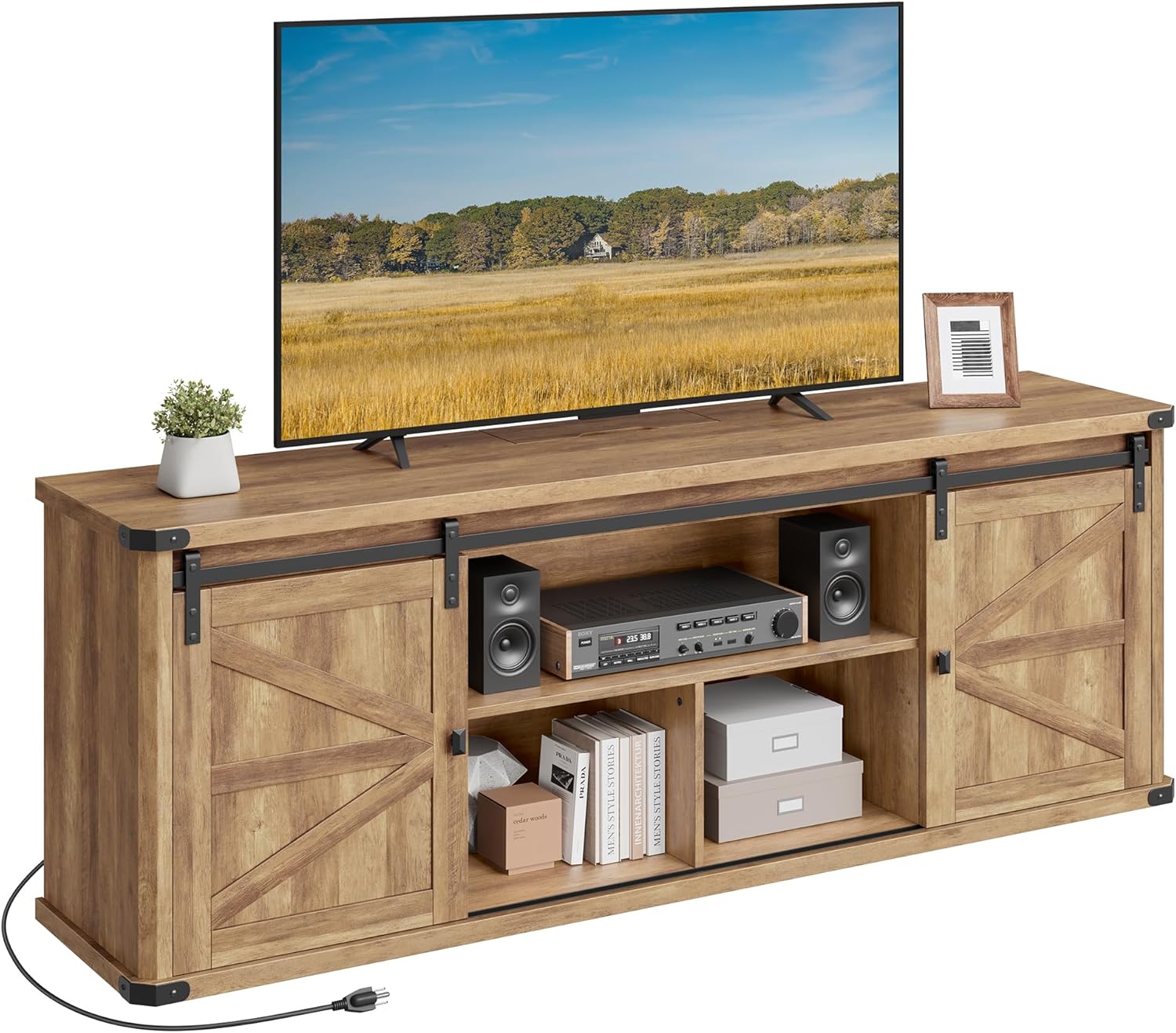 66" Farmhouse TV Stand For 75 Inch TVs - Rustic Media Console With Sliding Barn Doors, Adjustable Shelves