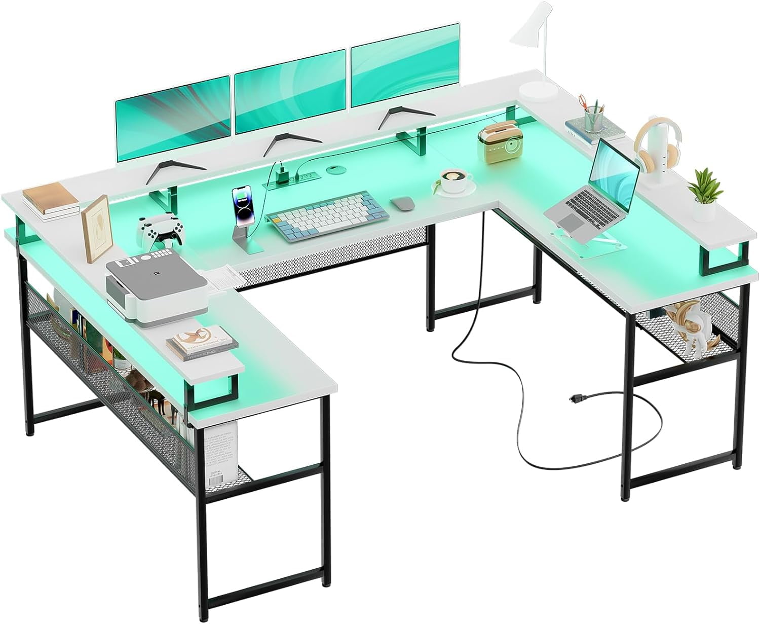 FETON U Shaped Computer Desk with Monitor Stand and LED Lights