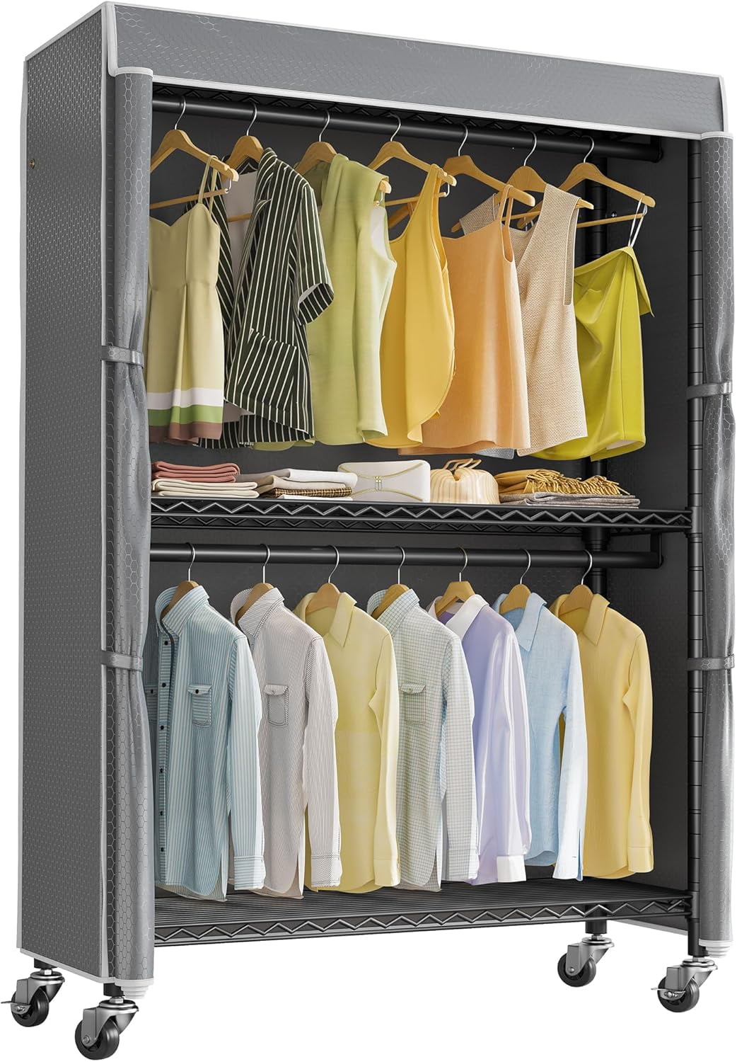 Black Heavy Duty Rolling Garment Rack with Grey Cover