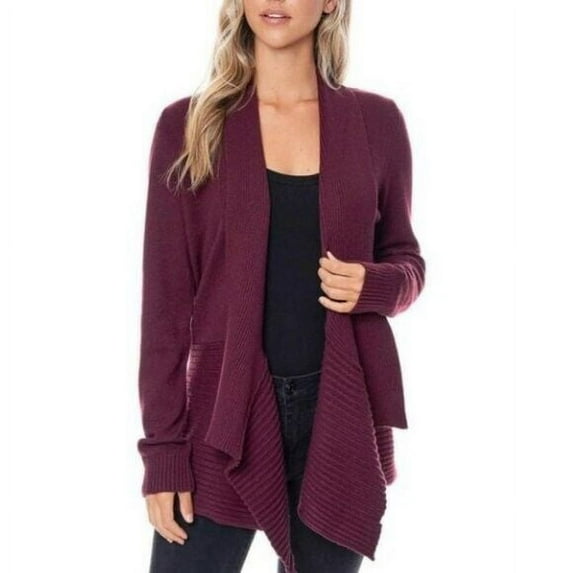 FEVER Women's Drape Front Long Sleeve Open Front Cardigan Sweater-(Fig Purple, Small)