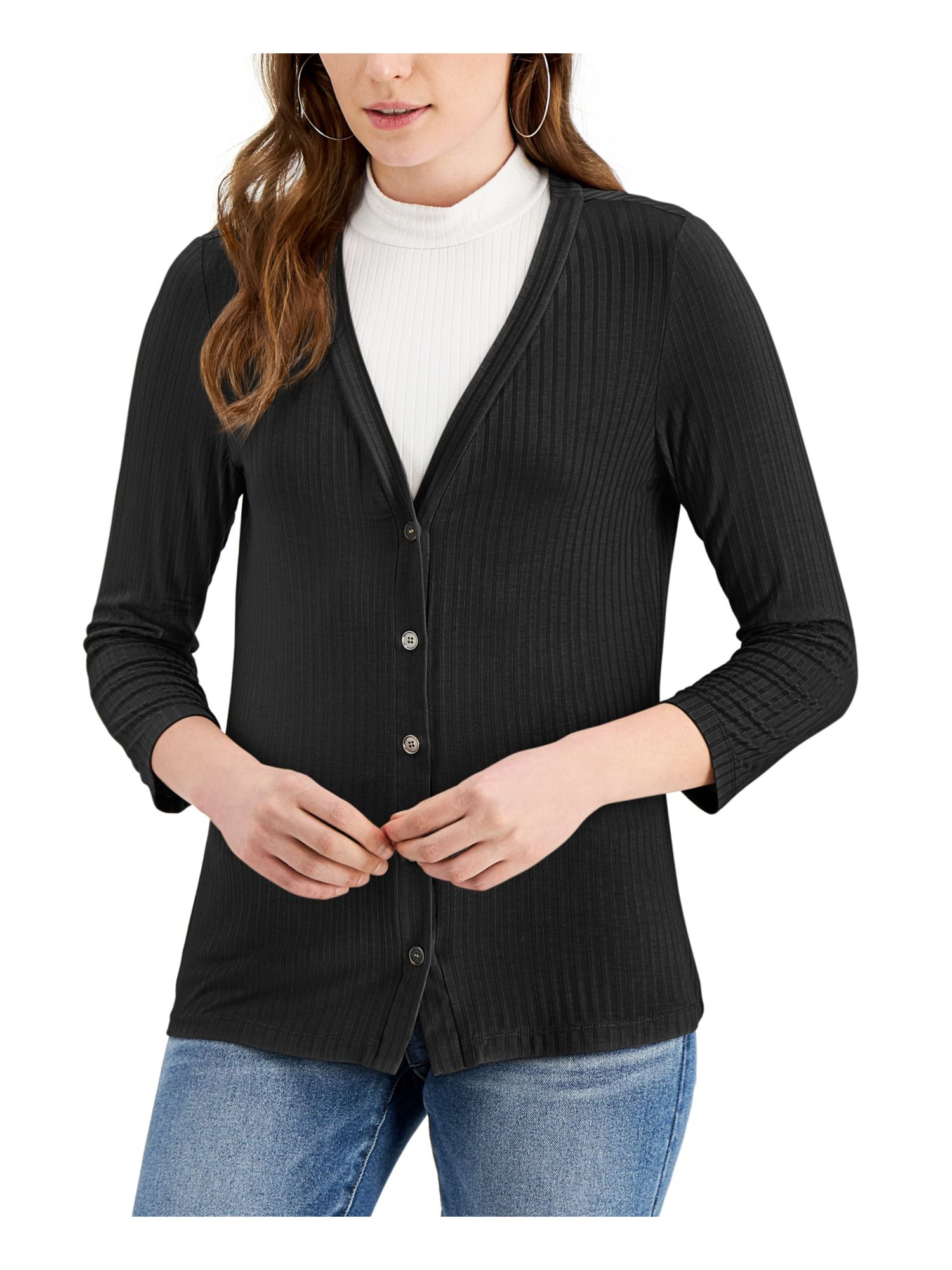 FEVER Womens Black Knit Ribbed Button Front Cardigan 3/4 Sleeve V Neck