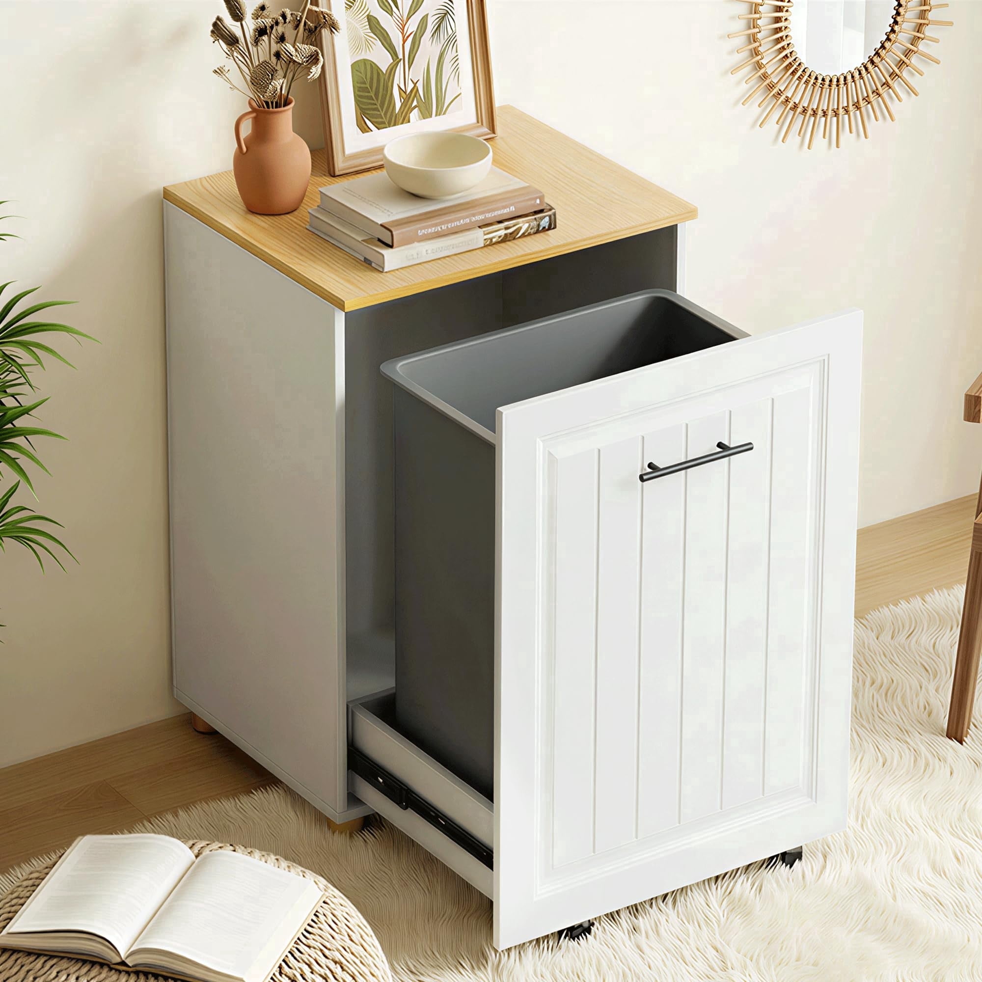 FEXIA Pull Out Trash Can Cabinet for 10 Gallon Bin, Pet Proof Hidden Kitchen Waste Bin, Freestanding Wooden Garbage & Recycling Cabinet for Kitchen, Laundry Room, Living Room