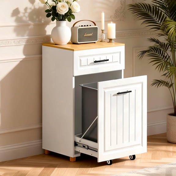 FEXIA Pull Out Trash Can Cabinet for 13 Gallonwith Drawer Bins Freestanding Kitchen Garbage can Cabinet Pet Proof Wooden Garbage Recycling Laundry Hamper Storage for Living Room