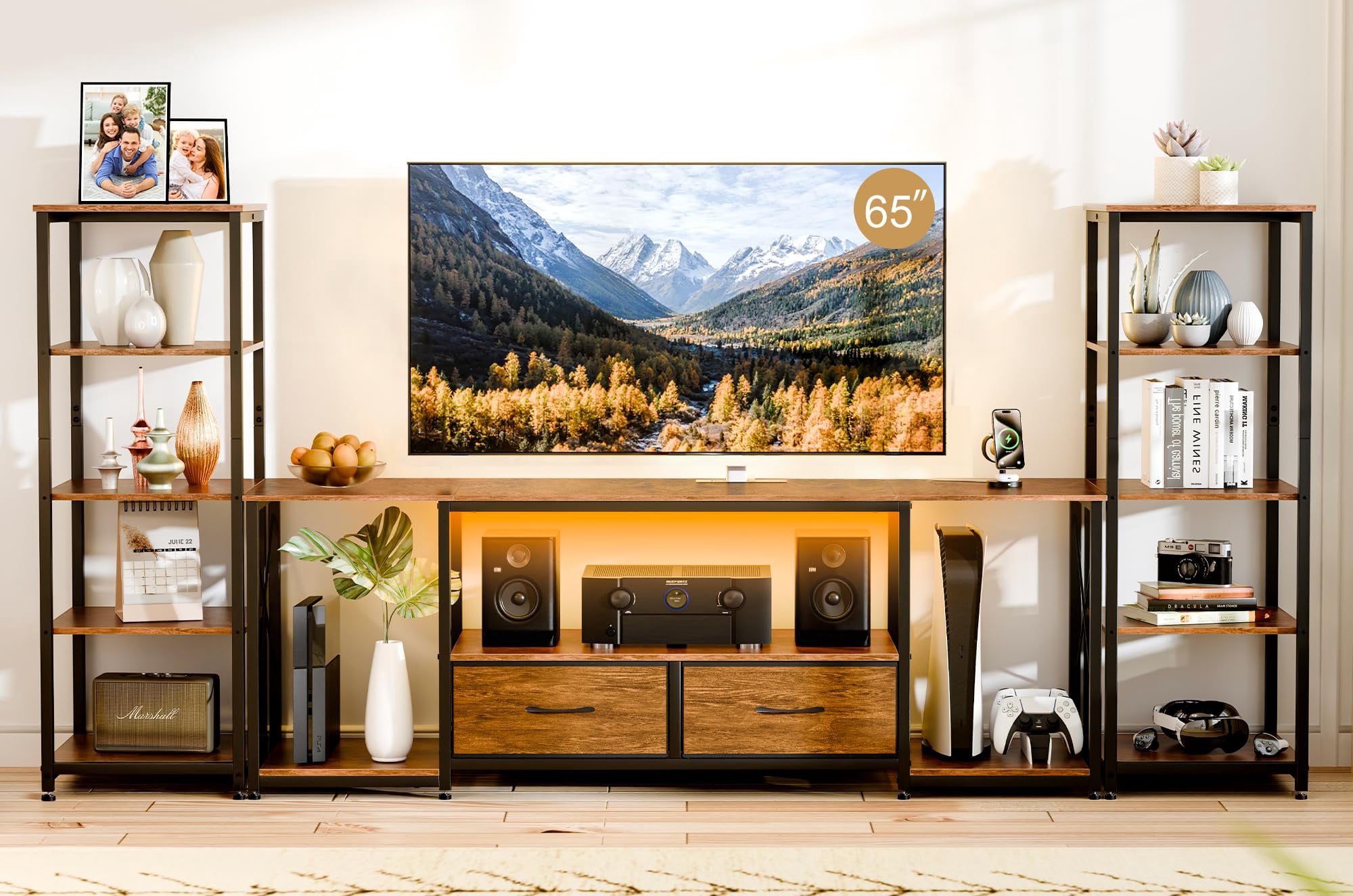 FEXIA TV Stand for TVs up to 65 Inch Entertainment Center with 2 Bookshelves Rustic Farmhouse Modern TV Console with 2 Fabric Drawers, LED Lights & Power Outlets for Living Room