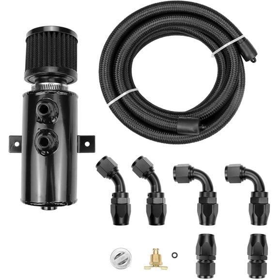 FEXON 750ML Oil Catch Can Kit Baffled Aluminum Tank with Breather Filter Drain Valve & 10FT 10AN Nylon Braided Hose Fittings Universal Black