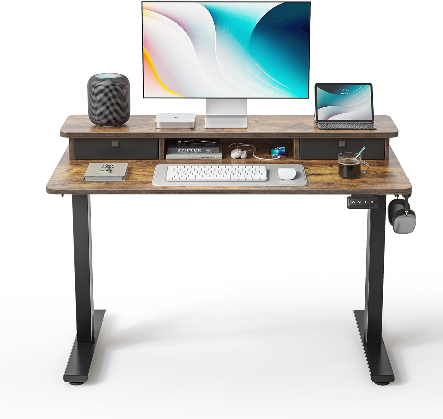 FEZIBO 40 x 24 Inch Height Adjustable Electric Standing Desk with Double Drawer, Computer Desk, Home Office Stand Up Table with 4 Height-Adjustable Feets & 2 Hooks, Rustic Brown