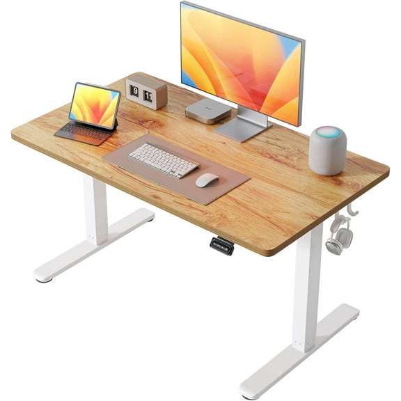 FEZIBO 40 x 24 Inchs Electric Standing Desk, Height Adjustable, Sit Stand Up, Computer Office Desk with Splice Board, White Frame/Light Rustic Top