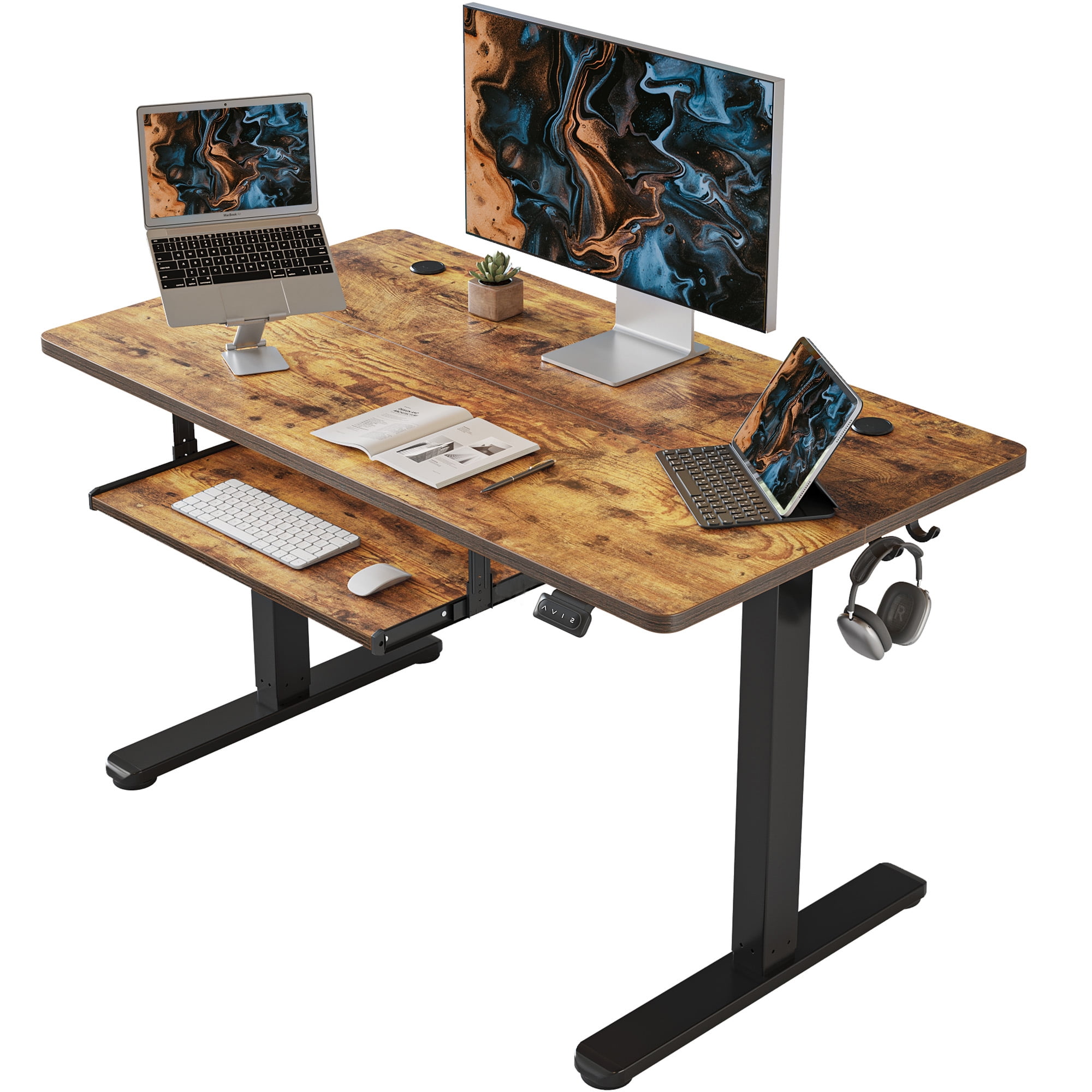 FEZIBO 40 x 24 inch Height Adjustable Electric Standing Desk with Keyboard Tray Sit Stand up Desk with Splice Board Rustic Brown