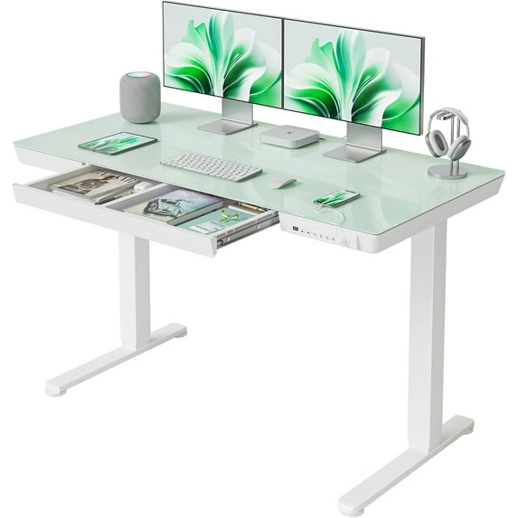 FEZIBO 48 × 24 Electric Standing Desk with Drawers, Whole-Piece Glass Adjustable Height Desk, One-Piece Quick Install Adjustable Sit Stand Desk, White