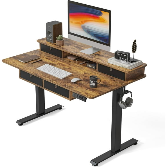 FEZIBO 48'' x 24'' Electric Standing Desk Adjustable Height with 4 Drawers, Home Office Stand Up Table with 4 Height-Adjustable Feets & 2 Hooks,Rustic Brown Top
