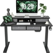 FEZIBO 48 x 24 Inch Height Adjustable Electric Standing Desk with 4 Drawers, Stand Up Table with Storage Shelf, Sit Stand Desk with Splice Board, Black Frame/Black Top