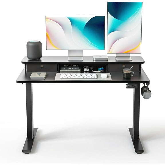 FEZIBO 48 x 24 Inch Height Adjustable Electric Standing Desk with Double Drawer, Computer Desk, Home Office Stand Up Table with 4 Height-Adjustable Feets & 2 Hooks, Black