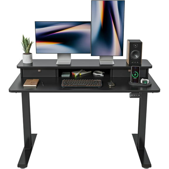 FEZIBO 48 x 24 Inch Height Adjustable Electric Standing Desk with Double Drawer, Stand up Home Office Computer Desk with 4 Height-Adjustable Feets & 2 Hooks,Black