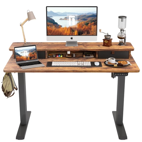 FEZIBO 48 x 24 Inch Height Adjustable Electric Standing Desk with Double Drawer, Stand Up Table with Storage Shelf, Sit Stand Desk with Splice Board, Black Frame/Rustic Brown Top