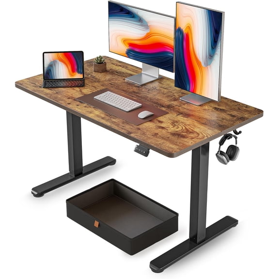 FEZIBO 48 x 24 Inch Standing Desk with Drawer, Sit Stand Computer Desk, Ergonomic Workstation, Home Office Stand Up Table with Storage &2 Hooks, Rustic Brown