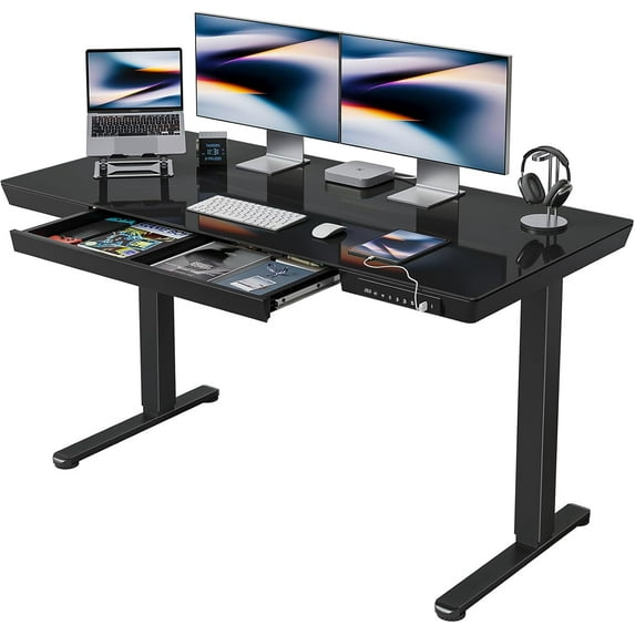 FEZIBO 55 × 24 Electric Standing Desk with Drawers, Whole-Piece Glass Adjustable Height Desk, One-Piece Quick Install Adjustable Sit Stand Desk, Black