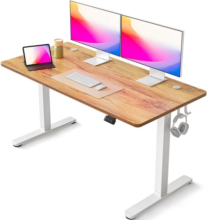 FEZIBO 55" x 24" Height Adjustable Standing Desk, Electric Stand Up Table, Sit Stand Home Office Desk with Splice Board, White Frame/Light Rustic Brown Top