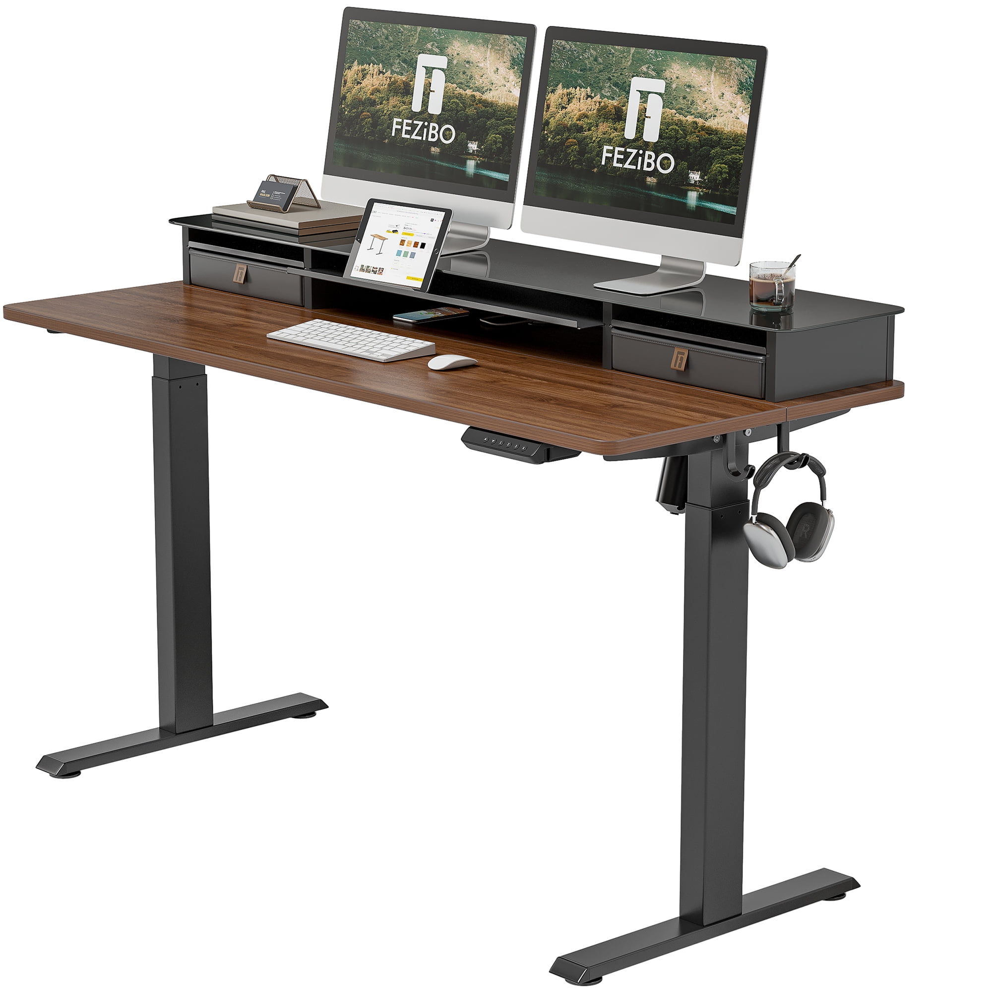FEZIBO 55 x 24 Inch Electric Standing Desk with Glass Top Monitor Stand