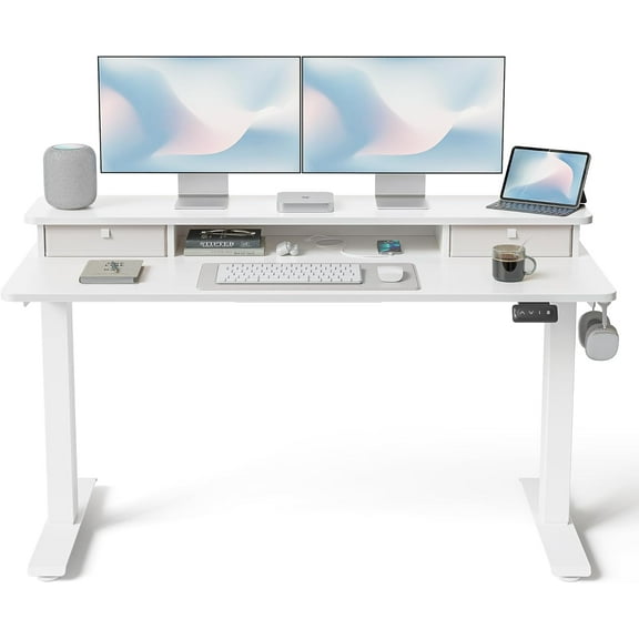 FEZIBO 55 x 24 Inch Height Adjustable Electric Standing Desk with Double Drawer, Computer Desk, Home Office Stand Up Table with 4 Height-Adjustable Feets & 2 Hooks, White