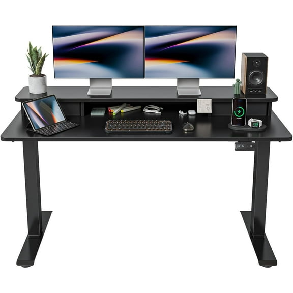 FEZIBO 55 x 24 Inch Height Adjustable Electric Standing Desk with Double Drawer, Stand up Home Office Computer Desk with 4 Height-Adjustable Feets & 2 Hooks, Black