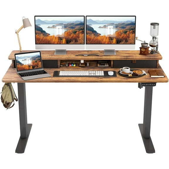 FEZIBO 55 x 24 Inch Height Adjustable Electric Standing Desk with Double Drawer, Stand Up Table with Storage Shelf, Sit Stand Desk with Splice Board, Black Frame/Rustic Brown Top