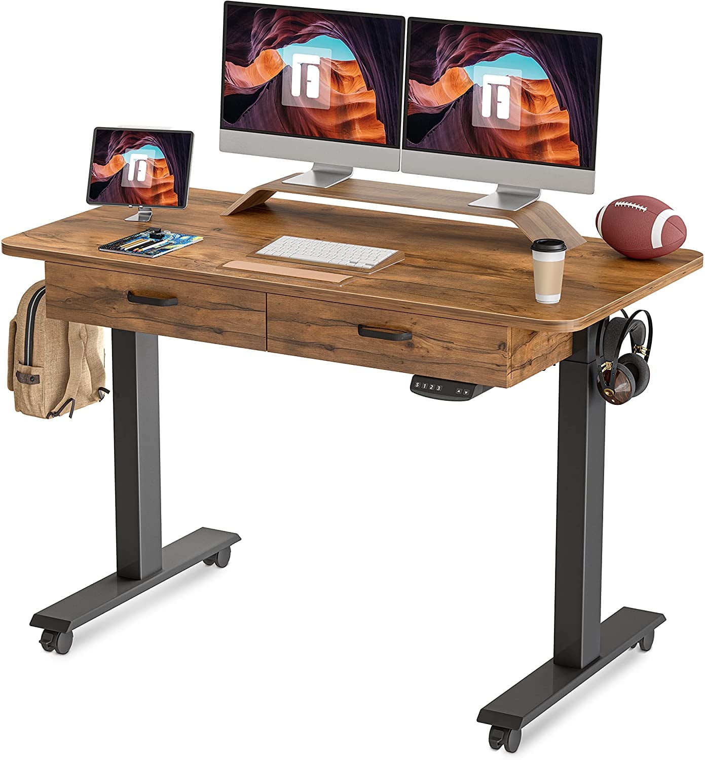 FEZIBO 55 x 24 Inches Adjustable Height Electric Standing Desk with Double Drawer Stand Up Home Office Desk with Splice Tabletop Black Frame Fir