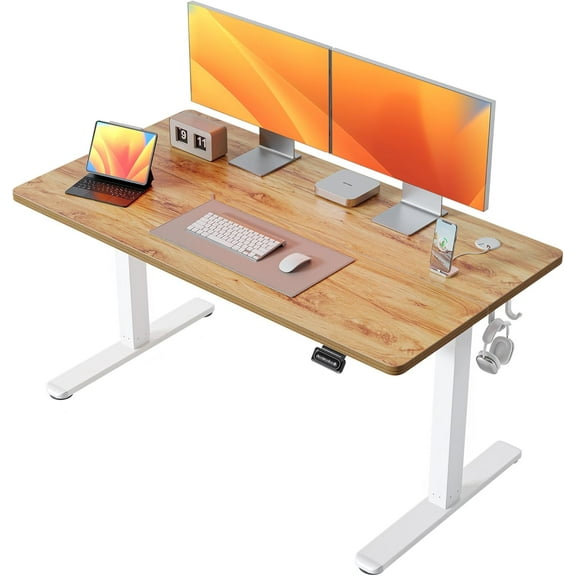 FEZIBO 55 x 24 Inchs Electric Standing Desk, Height Adjustable, Sit Stand Up, Computer Office Desk with Splice Board, White Frame/Light Rustic Top
