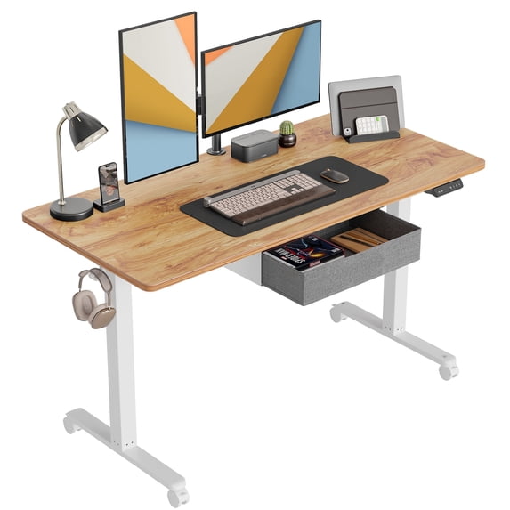 FEZIBO 55 x 24 inch Electric Standing Desk with Fabric Drawer, Splice Board in Light Rustic Brown Finish