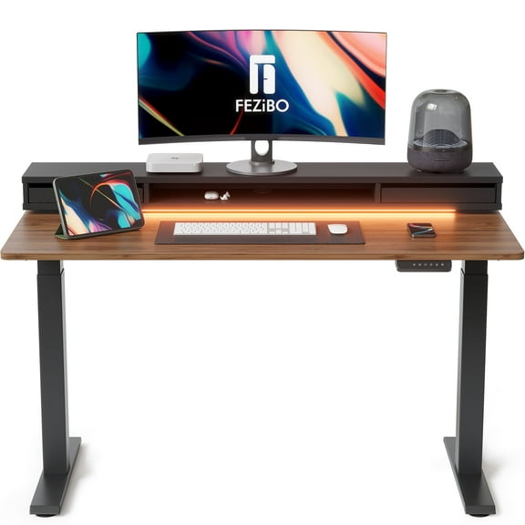 FEZIBO 60 × 26 Inch Electric Standing Desk with Monitor Stand, Height Adjustable Table with LED Strips, Ergonomic Home Office Furniture with 2 Drawers Storage Gaming Workstation, Black Walnut Top