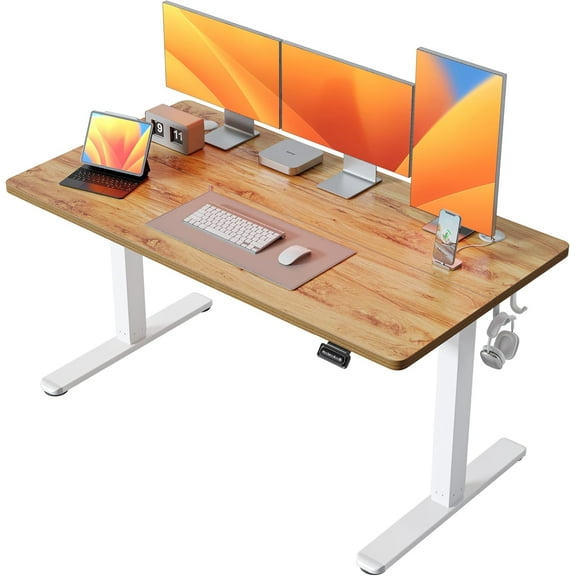 FEZIBO 60 x 24 Inchs Electric Standing Desk, Height Adjustable, Sit Stand Up, Computer Office Desk with Splice Board, White Frame/Light Rustic Top