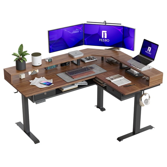 FEZIBO 63" L Shaped Standing Desk with LED Strip, Electric Triple Motor Sit Stand up Corner Desk Height Adjustable with Monitor Stand & Shelves, 2 Drawers, Ergonomic Home Office Desk, Black Walnut