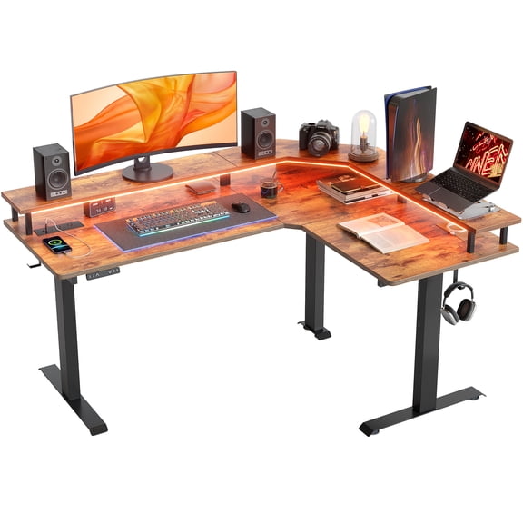 FEZIBO 63" Triple Motor L Shaped Standing Desk with LED Strip & Power Outlets, Height Adjustable Stand up Corner Gaming Desk with Ergonomic Monitor Stand, Rustic Brown Top/Black Frame
