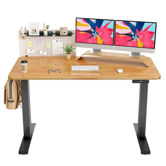 FEZIBO 63" x 24" Dual Motor Electric Standing Desk with Desk Divider and Storage Pegs, Splice Board in Bamboo Finish