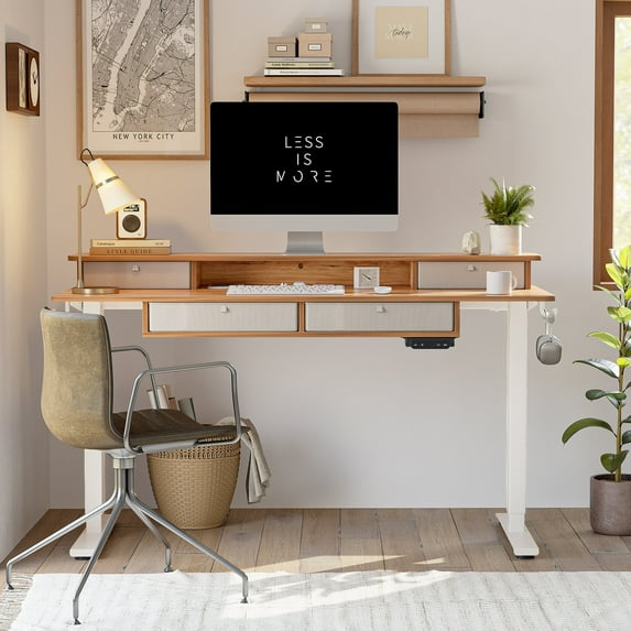 FEZIBO 63 x 24 Inch Height Adjustable Electric Standing Desk with 4 Drawers, Stand Up Table with Storage Shelf, Sit Stand Desk with Splice Board, White Frame/Light Rustic Brown Top