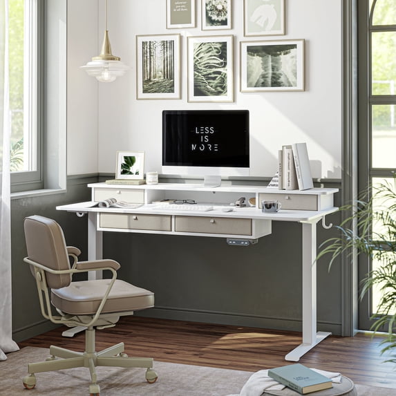 FEZIBO 63 x 24 Inch Height Adjustable Electric Standing Desk with Double Drawer, Stand Up Table with Storage Shelf, Sit Stand Desk with Splice Board, White Frame/White Top